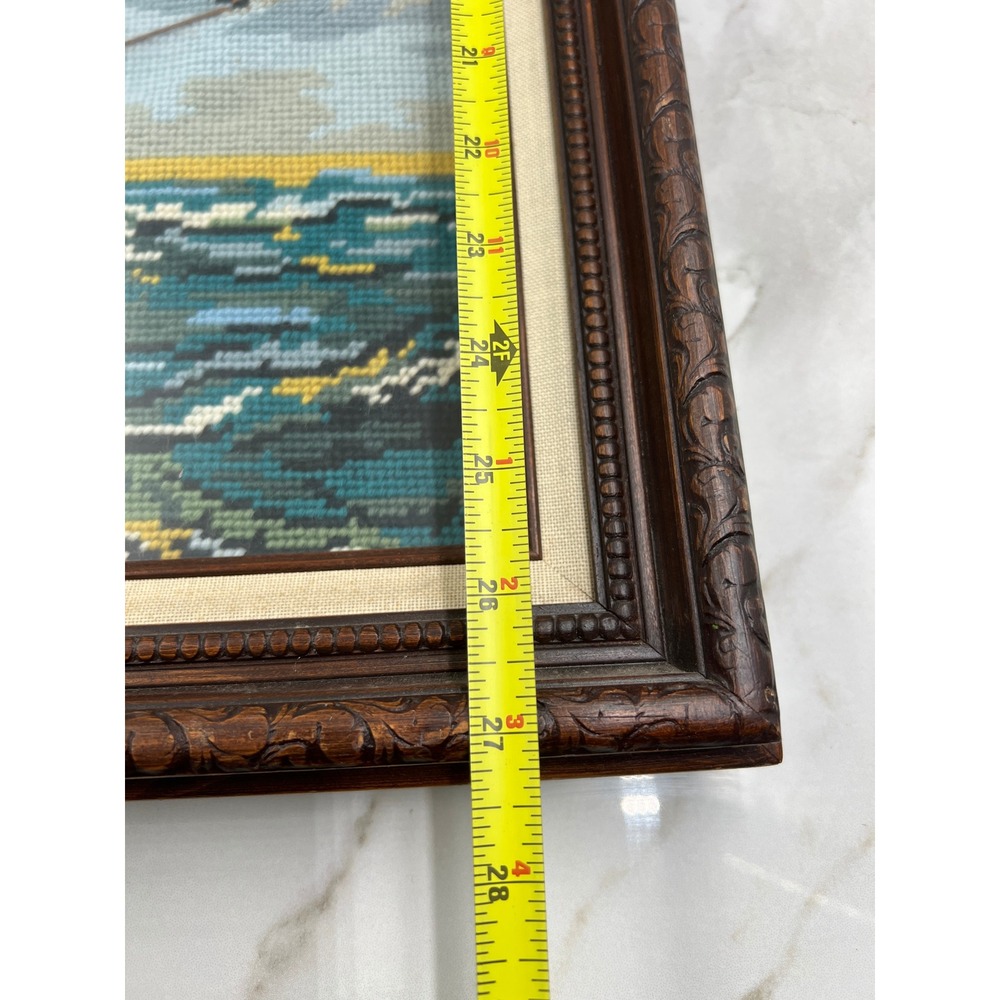 Vintage Nautical Needlepoint Framed Art Clipper Ship Seagulls Ocean 18x24 Large - Picture 10 of 13